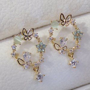 NEW 14K Gold Plated Diamond Flower Butterfly Circle Earrings